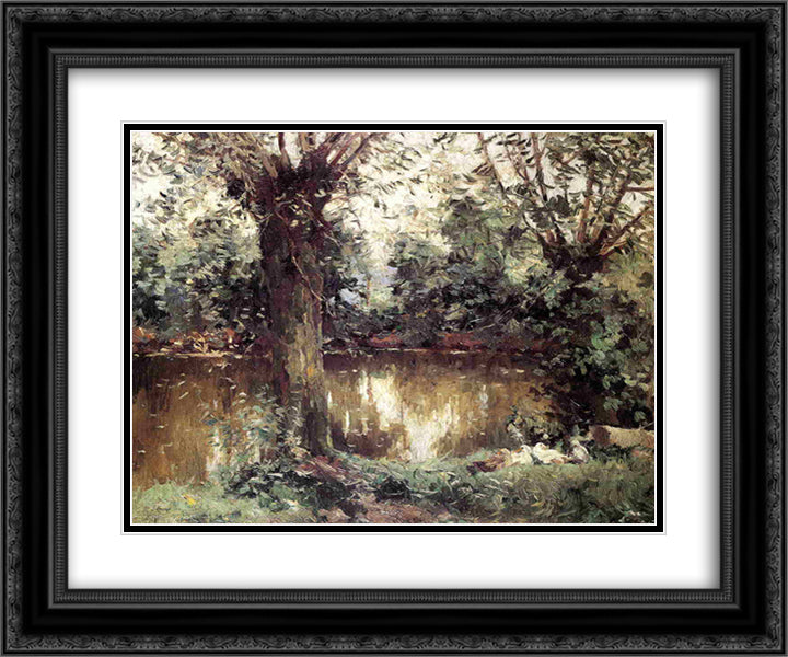 Landscape, Banks of the Yerres 24x20 Black Ornate Wood Framed Art Print Poster with Double Matting by Caillebotte, Gustave