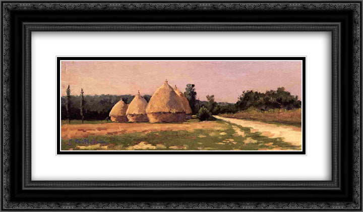 Landscape with Haystacks 24x14 Black Ornate Wood Framed Art Print Poster with Double Matting by Caillebotte, Gustave