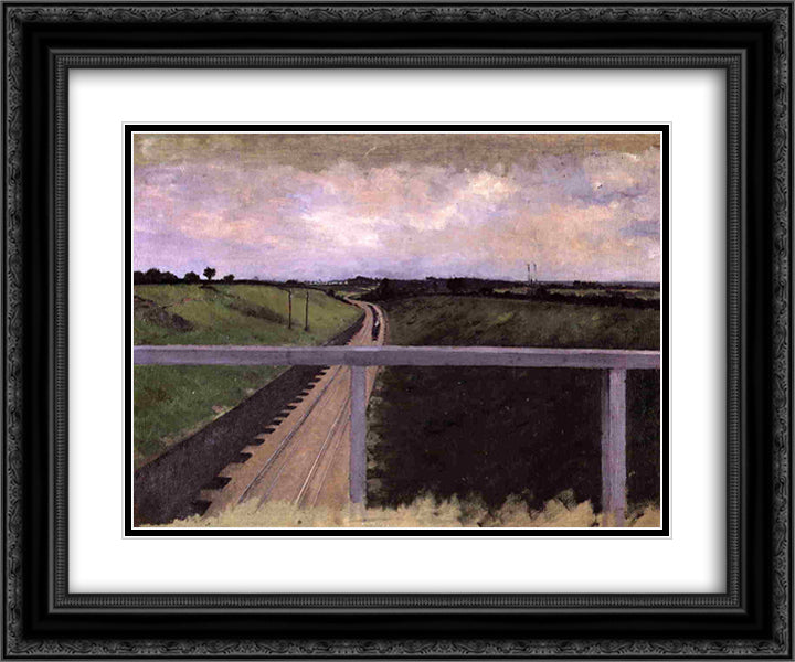 Landscape with Railway Tracks 24x20 Black Ornate Wood Framed Art Print Poster with Double Matting by Caillebotte, Gustave