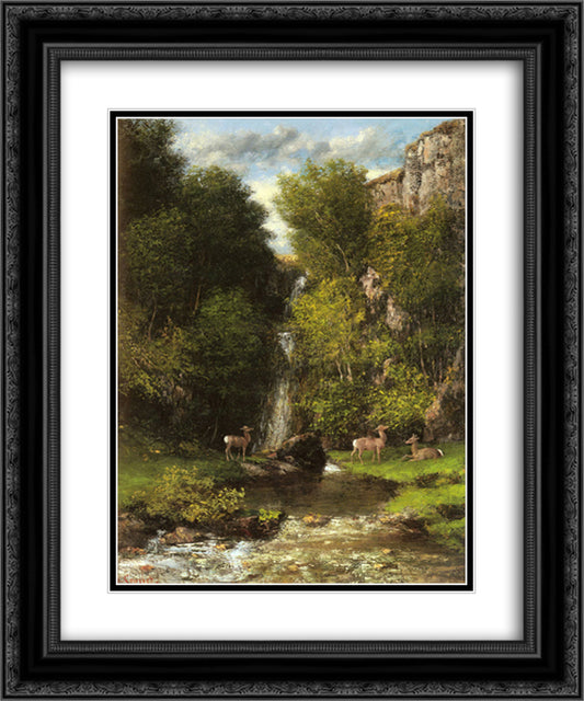 A Family of Deer in a Landscape with a Waterfall 20x24 Black Ornate Wood Framed Art Print Poster with Double Matting by Courbet, Gustave