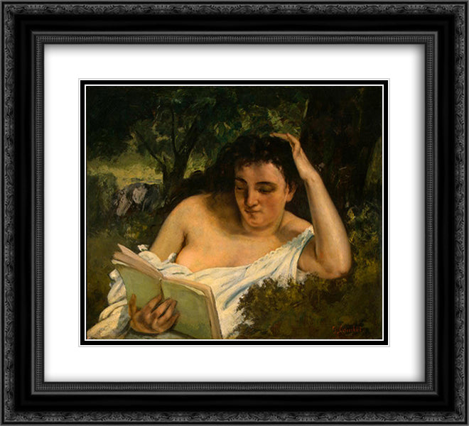 A Young Woman Reading 22x20 Black Ornate Wood Framed Art Print Poster with Double Matting by Courbet, Gustave