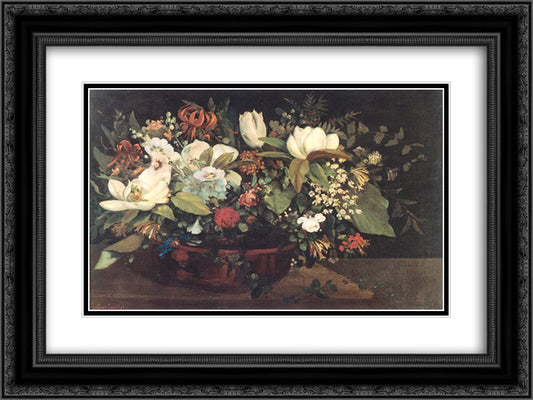 Basket of Flowers 24x18 Black Ornate Wood Framed Art Print Poster with Double Matting by Courbet, Gustave