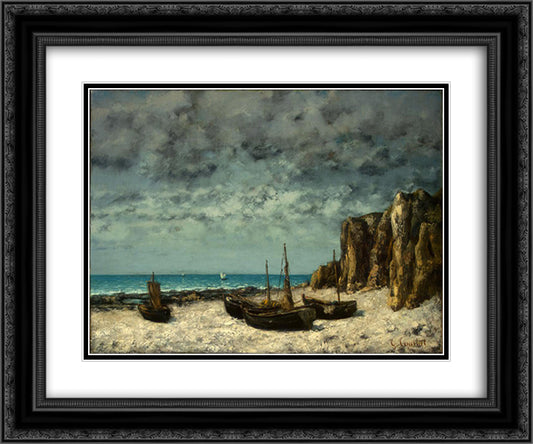 Boats on a Beach, Etretat 24x20 Black Ornate Wood Framed Art Print Poster with Double Matting by Courbet, Gustave