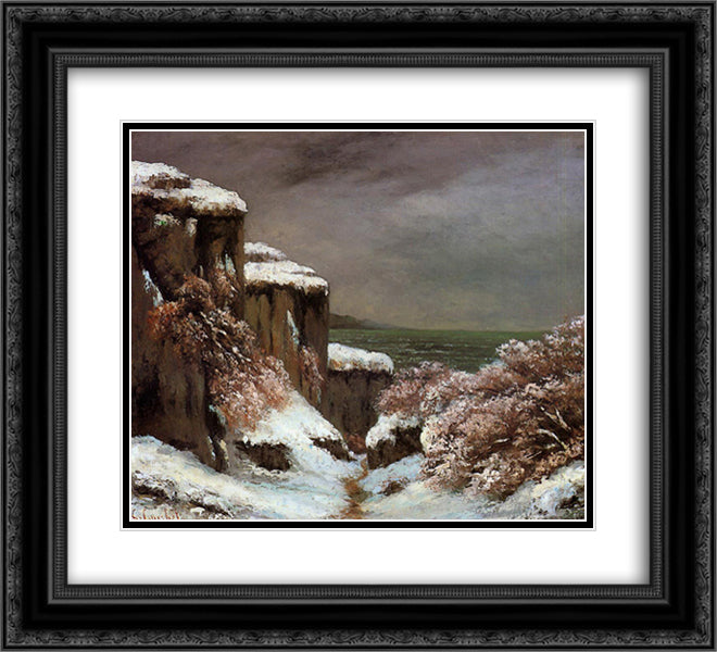 Cliffs by the Sea in the Snow 22x20 Black Ornate Wood Framed Art Print Poster with Double Matting by Courbet, Gustave