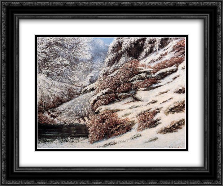 Deer in a Snowy Landscape 24x20 Black Ornate Wood Framed Art Print Poster with Double Matting by Courbet, Gustave