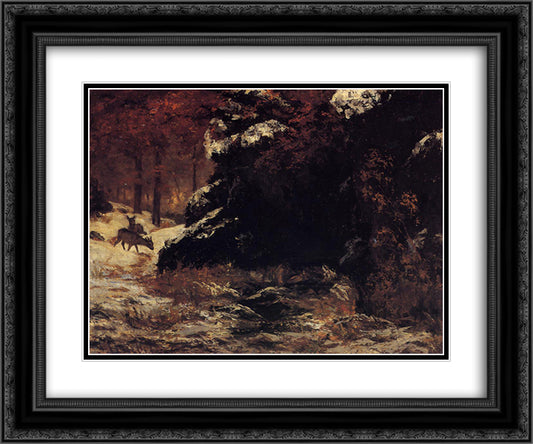 Deer in the Snow 24x20 Black Ornate Wood Framed Art Print Poster with Double Matting by Courbet, Gustave