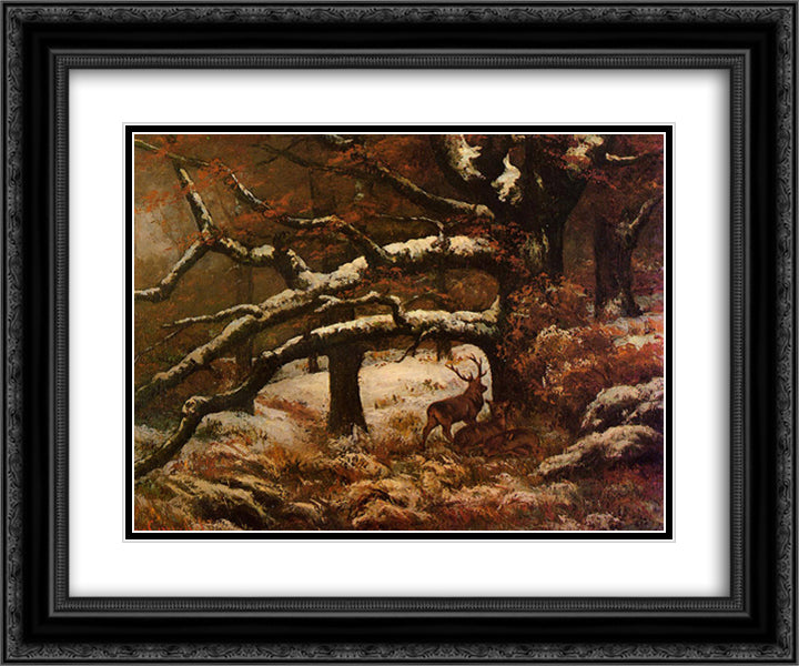 Deer Shelter 24x20 Black Ornate Wood Framed Art Print Poster with Double Matting by Courbet, Gustave