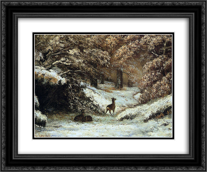 Deer Taking Shelter in Winter 24x20 Black Ornate Wood Framed Art Print Poster with Double Matting by Courbet, Gustave