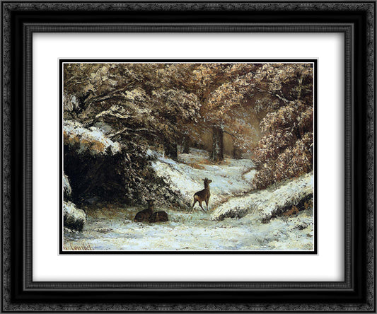 Deer Taking Shelter in Winter 24x20 Black Ornate Wood Framed Art Print Poster with Double Matting by Courbet, Gustave