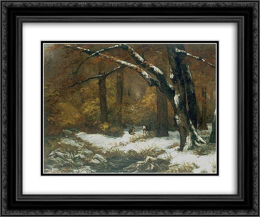 Deer's Shelter in Winter 24x20 Black Ornate Wood Framed Art Print Poster with Double Matting by Courbet, Gustave