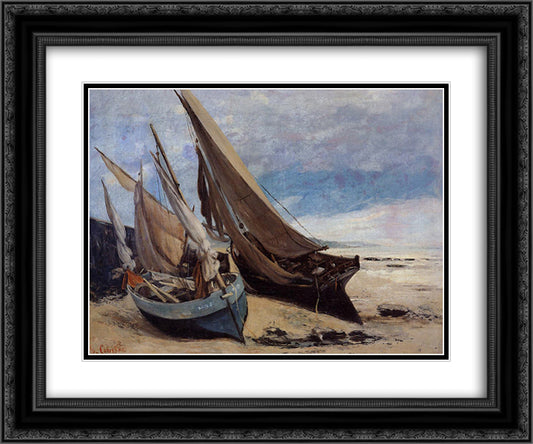 Fishing Boats on the Deauville Beach 24x20 Black Ornate Wood Framed Art Print Poster with Double Matting by Courbet, Gustave