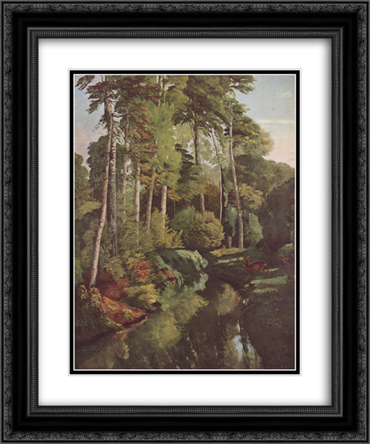 Forest Brook with Deer 20x24 Black Ornate Wood Framed Art Print Poster with Double Matting by Courbet, Gustave