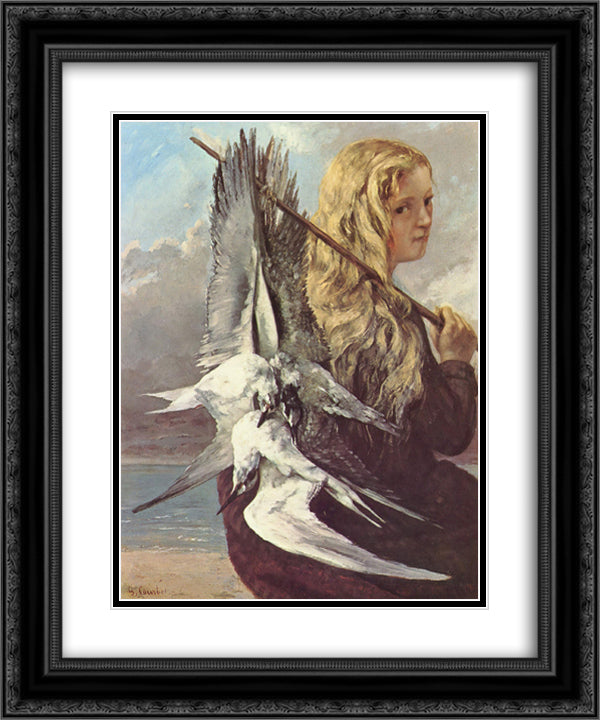 Girl with Seagulls,Trouville 20x24 Black Ornate Wood Framed Art Print Poster with Double Matting by Courbet, Gustave