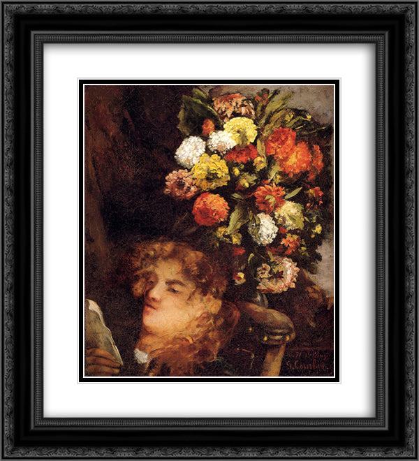 Head of a Woman with Flowers 20x22 Black Ornate Wood Framed Art Print Poster with Double Matting by Courbet, Gustave