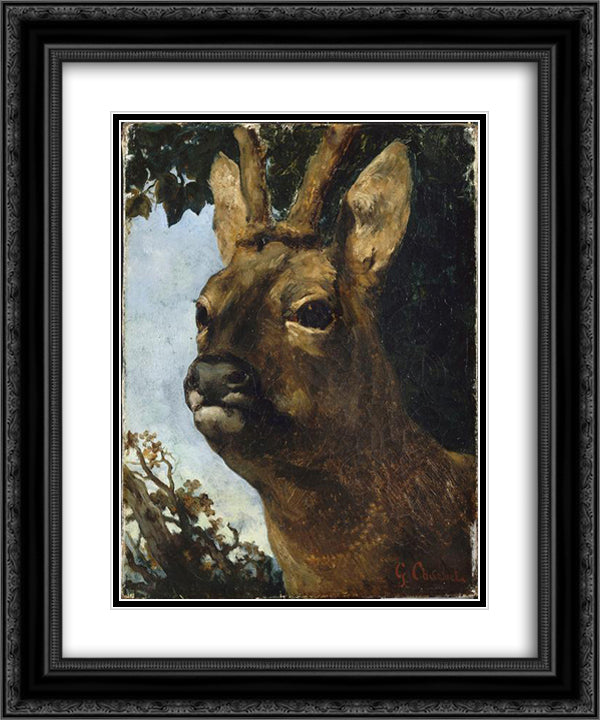 Head of a Young Doe 20x24 Black Ornate Wood Framed Art Print Poster with Double Matting by Courbet, Gustave