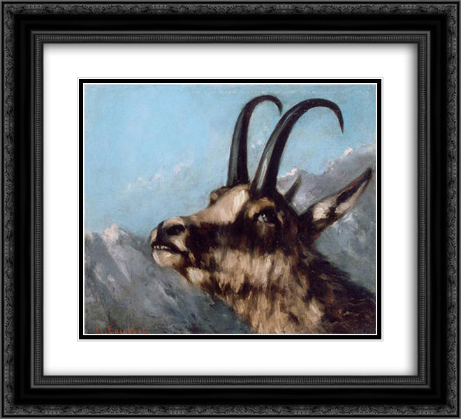 Head of Gazelle 22x20 Black Ornate Wood Framed Art Print Poster with Double Matting by Courbet, Gustave