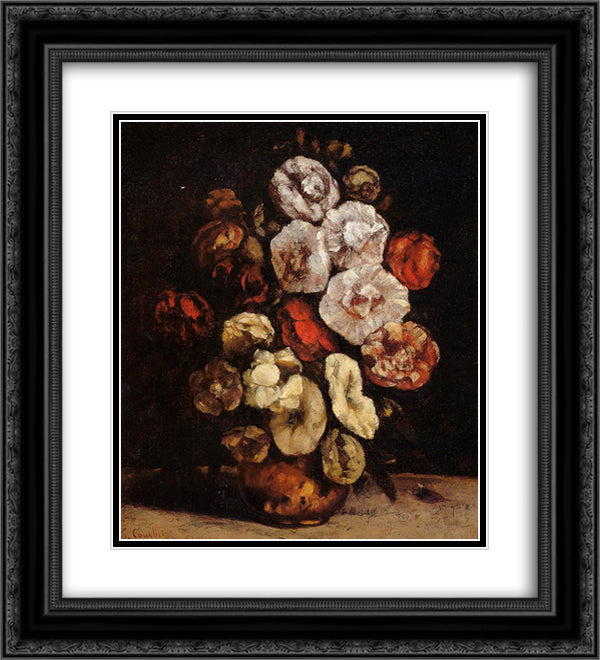 Hollyhocks in a Copper Bowl 20x22 Black Ornate Wood Framed Art Print Poster with Double Matting by Courbet, Gustave