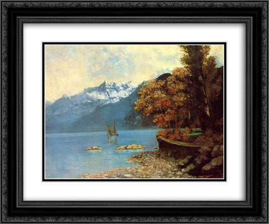 Lake Leman 24x20 Black Ornate Wood Framed Art Print Poster with Double Matting by Courbet, Gustave