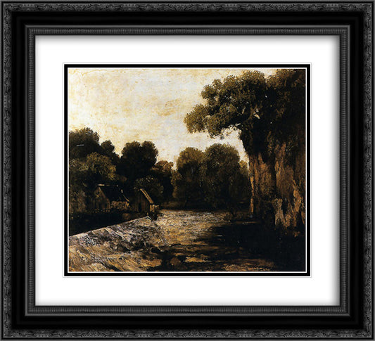 Locks on the Loue 22x20 Black Ornate Wood Framed Art Print Poster with Double Matting by Courbet, Gustave