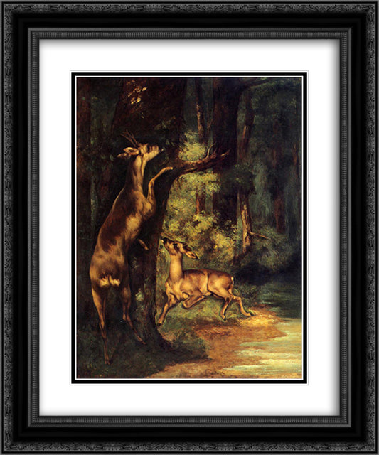 Male and Female Deer in the Woods 20x24 Black Ornate Wood Framed Art Print Poster with Double Matting by Courbet, Gustave