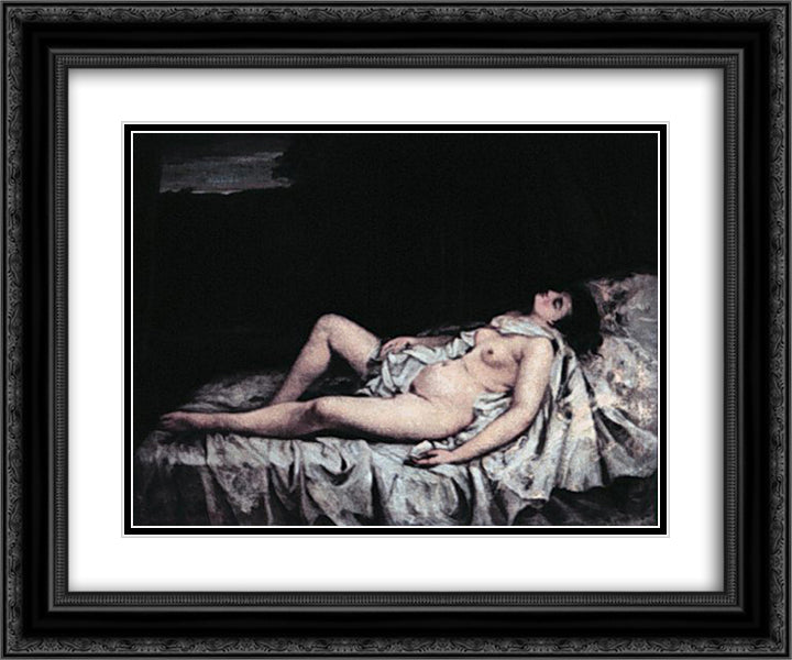 Reclining nude 24x20 Black Ornate Wood Framed Art Print Poster with Double Matting by Courbet, Gustave