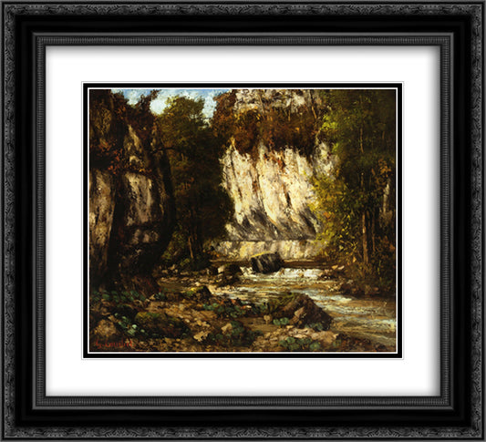 River and Cliff 22x20 Black Ornate Wood Framed Art Print Poster with Double Matting by Courbet, Gustave