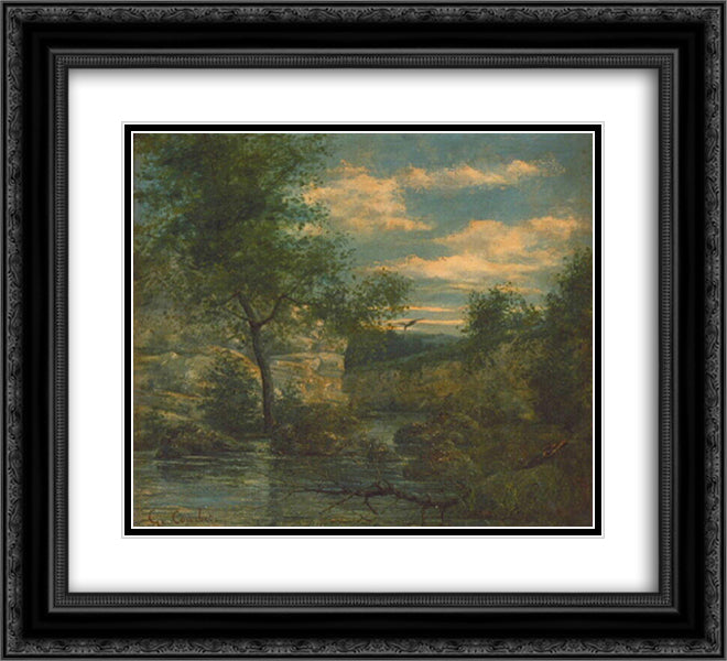 Riverside 22x20 Black Ornate Wood Framed Art Print Poster with Double Matting by Courbet, Gustave