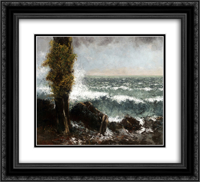 Seascape, the Poplar 22x20 Black Ornate Wood Framed Art Print Poster with Double Matting by Courbet, Gustave