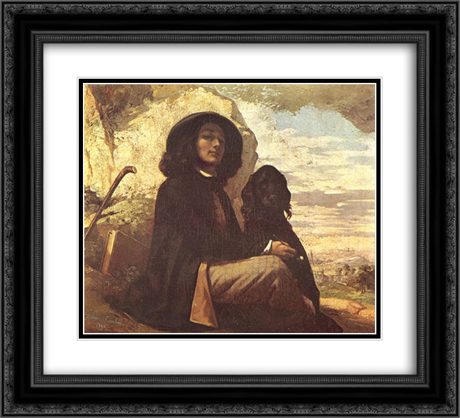 Self-Portrait with a Black Dog 22x20 Black Ornate Wood Framed Art Print Poster with Double Matting by Courbet, Gustave