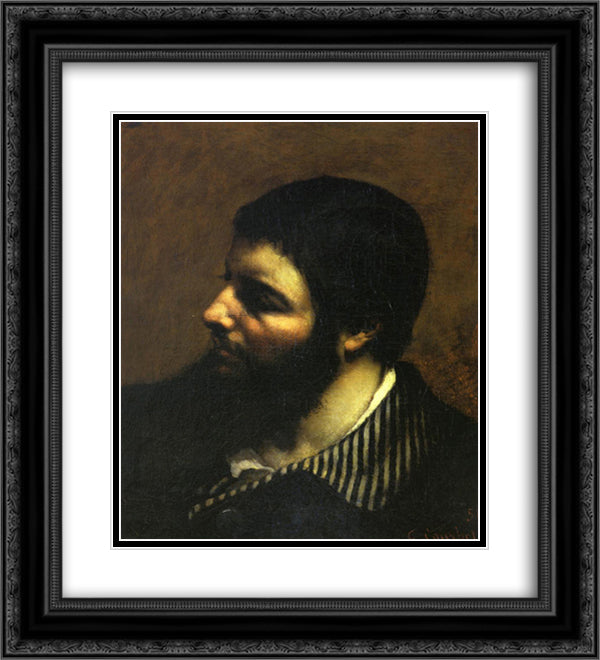 Self-Portrait with Striped Collar 20x22 Black Ornate Wood Framed Art Print Poster with Double Matting by Courbet, Gustave