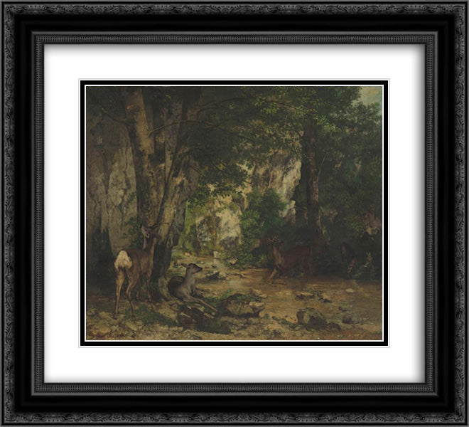 Shelter of Deers at Plaisir Fontaine Creek 22x20 Black Ornate Wood Framed Art Print Poster with Double Matting by Courbet, Gustave