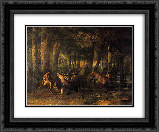 Spring, Stags Fighting 24x20 Black Ornate Wood Framed Art Print Poster with Double Matting by Courbet, Gustave