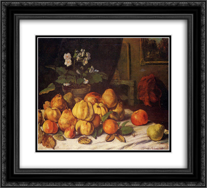 Still Life Apples, Pears and Flowers on a Table, Saint Pelagie 22x20 Black Ornate Wood Framed Art Print Poster with Double Matting by Courbet, Gustave