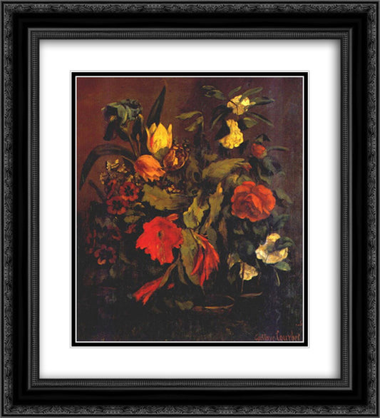 Still Life of Flowers 20x22 Black Ornate Wood Framed Art Print Poster with Double Matting by Courbet, Gustave