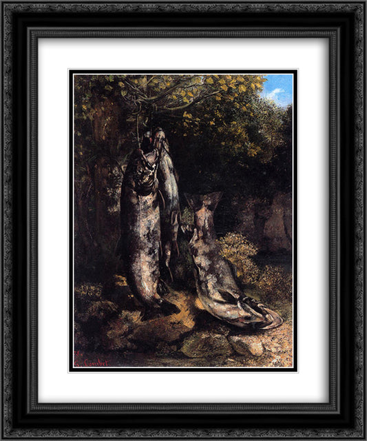 Still Life with Three Trout from the Loue River 20x24 Black Ornate Wood Framed Art Print Poster with Double Matting by Courbet, Gustave