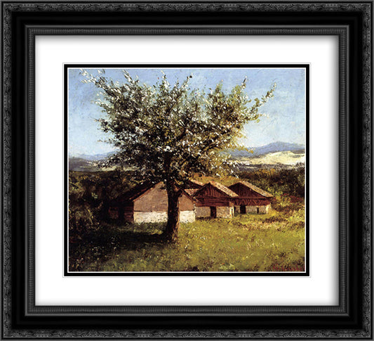 Swiss Landscape with Flowering Apple Tree 22x20 Black Ornate Wood Framed Art Print Poster with Double Matting by Courbet, Gustave