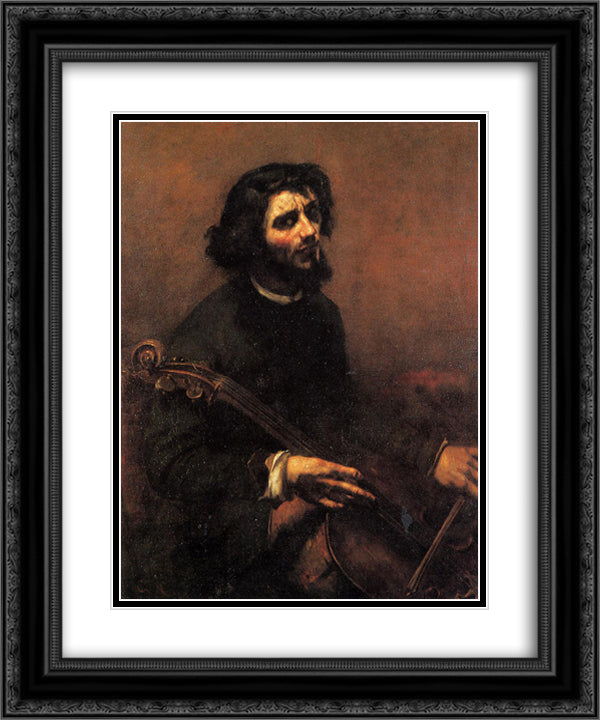 The Cellist, Self Portrait 20x24 Black Ornate Wood Framed Art Print Poster with Double Matting by Courbet, Gustave