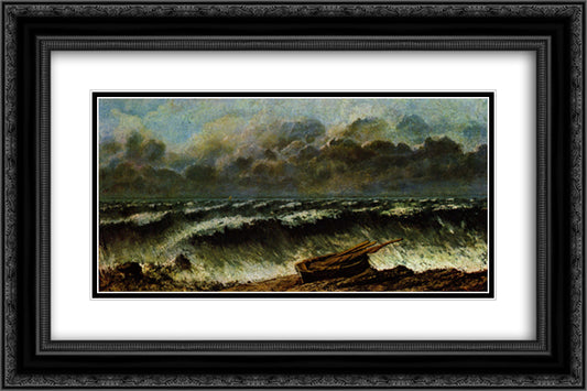 The Waves 24x16 Black Ornate Wood Framed Art Print Poster with Double Matting by Courbet, Gustave