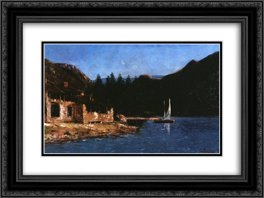 The White Sail 24x18 Black Ornate Wood Framed Art Print Poster with Double Matting by Courbet, Gustave