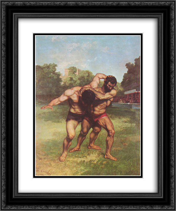 The Wrestlers 20x24 Black Ornate Wood Framed Art Print Poster with Double Matting by Courbet, Gustave