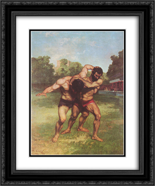 The Wrestlers 20x24 Black Ornate Wood Framed Art Print Poster with Double Matting by Courbet, Gustave