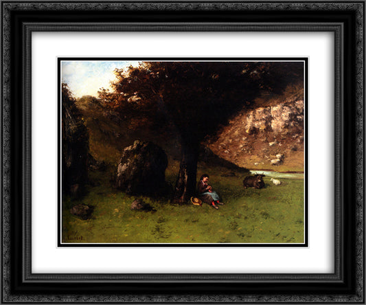 The Young Shepherdess 24x20 Black Ornate Wood Framed Art Print Poster with Double Matting by Courbet, Gustave