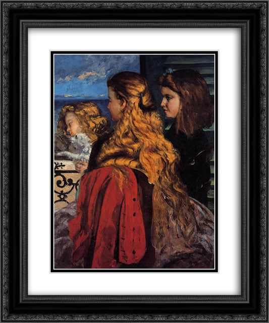 Three English Girls at a Window 20x24 Black Ornate Wood Framed Art Print Poster with Double Matting by Courbet, Gustave