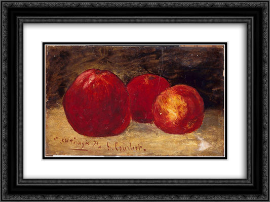 Three Red Apples 24x18 Black Ornate Wood Framed Art Print Poster with Double Matting by Courbet, Gustave