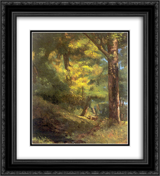 Two Roe Deers in the Forest 20x22 Black Ornate Wood Framed Art Print Poster with Double Matting by Courbet, Gustave