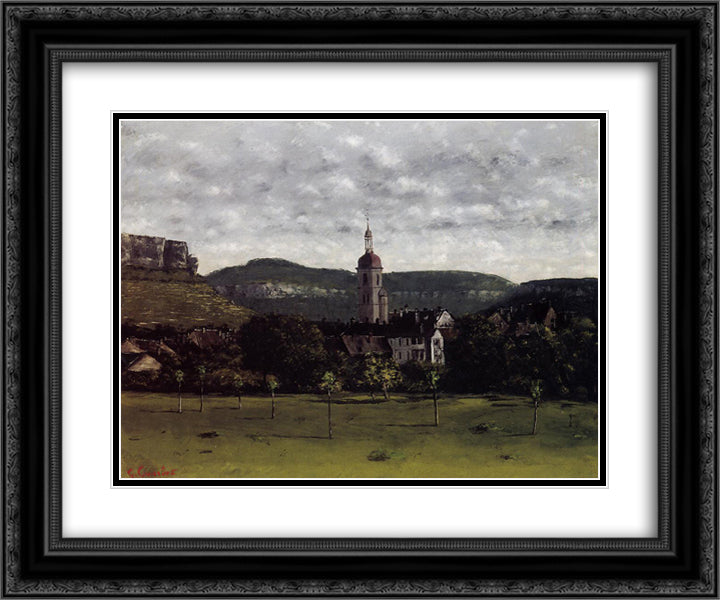 View of Ornans and Its Church Steeple 24x20 Black Ornate Wood Framed Art Print Poster with Double Matting by Courbet, Gustave