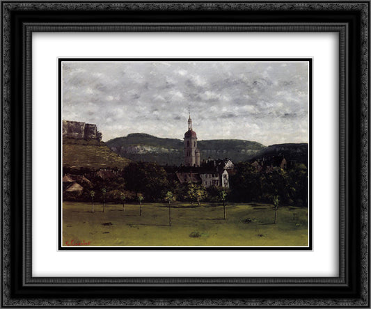 View of Ornans and Its Church Steeple 24x20 Black Ornate Wood Framed Art Print Poster with Double Matting by Courbet, Gustave
