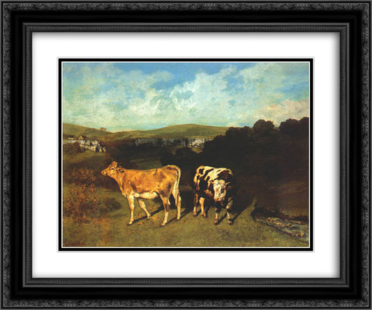 White Bull and Blond Heifer 24x20 Black Ornate Wood Framed Art Print Poster with Double Matting by Courbet, Gustave