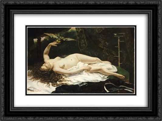 Woman with a Parrot 24x18 Black Ornate Wood Framed Art Print Poster with Double Matting by Courbet, Gustave