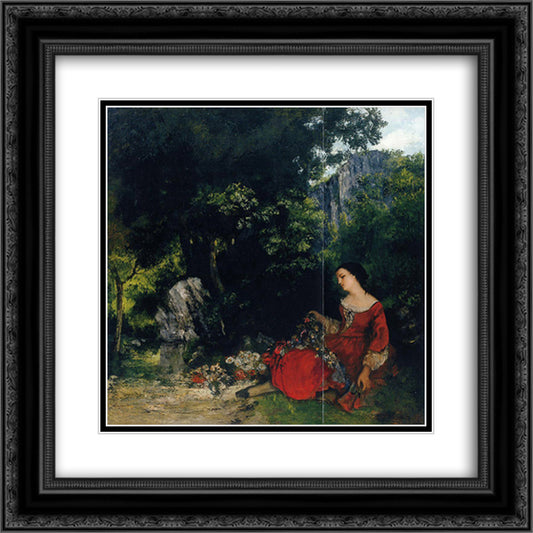 Woman with Garland 20x20 Black Ornate Wood Framed Art Print Poster with Double Matting by Courbet, Gustave